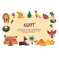 Abstract banner with famous symbols and landmarks of Egypt. Sphinx of Giza, Karnak temple, Valley of Kings