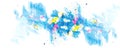 Abstract banner modern art background in minimalizm style with yellow spot, red drops and blue brush splashes.