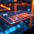 Abstract barcode illuminated with bright orange and blue neon lights on a digital circuit board surface. Futuristic tech design Royalty Free Stock Photo