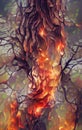 Abstract bark tree background. Bark of pine, spruce, oak. Raster bitmap concept pattern. Burning flame fire.