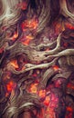 Abstract bark tree background. Bark of pine, spruce, oak. Raster bitmap concept pattern. Burning flame fire.