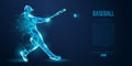 Abstract baseball player from particles, lines and triangles on blue background. Low poly neon wire outline geometric