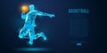 Abstract basketball player from particles, lines and triangles on blue background. Low poly neon wireframe outline Royalty Free Stock Photo