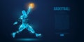 Abstract basketball player from particles, lines and triangles on blue background. Low poly neon wireframe outline Royalty Free Stock Photo