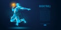 Abstract basketball player from particles, lines and triangles on blue background. Low poly neon wireframe outline Royalty Free Stock Photo