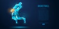 Abstract basketball player from particles, lines and triangles on blue background. Low poly neon wireframe outline Royalty Free Stock Photo