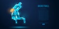 Abstract basketball player from particles, lines and triangles on blue background. Low poly neon wireframe outline