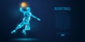 Abstract basketball player from particles, lines and triangles on blue background. Low poly neon wireframe outline Royalty Free Stock Photo