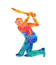 Abstract batsman playing cricket from splash of watercolors