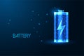 Abstract battery with charging symbol of in futuristic glowing low polygonal style on dark blue