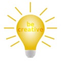 Abstract be creative vector illustration in flat cartoon style. Bulb light and text. Creativity, brainstorming