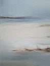 Abstract beach painting with brush strokes, coastal. Hand drawn art. Muted beige and blue texture oil on canvas Royalty Free Stock Photo
