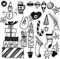 Abstract beautiful artistic graphic black&white holiday new year doodles: Christmas tree, mittens, Christmas toys, presents, sock