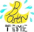 Abstract beautiful artistic graphic lovely cute bath time lettering with yellow duck and blue water spray doodles