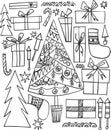 Abstract beautiful artistic graphic lovely holiday new year doodles pattern Christmas tree, presents, fireworks vector Royalty Free Stock Photo