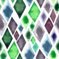 Abstract beautiful artistic tender wonderful transparent bright green blue purple rhombuses different shapes pattern watercolor ha