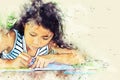 Beautiful Asia girl kid writing on book on watercolor illustration painting background.