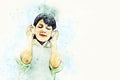Beautiful girl teen holding headphone and listening music, Blue sky on watercolor illustration painting background