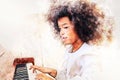 Kid girl hand playing keyboard of the piano foreground Watercolor painting background and Digital illustration brush to art. Royalty Free Stock Photo