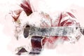 Abstract woman playing acoustic Guitar in the foreground on Watercolor painting background. Royalty Free Stock Photo