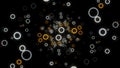 Abstract beautiful random flow of colored round forms on black background, 3D effect. Animation. Many small rings moving