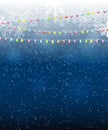 Abstract Beauty Christmas and New Year Background with Garland Bulb Lights and Falling Snow. Vector Illustration