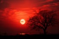 Abstract beauty Red sunset sky with round sun and silhouetted tree