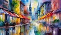 Abstract beauty view on city street painting. Evening cityscape. Urban chaos. Colorful town