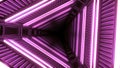 Abstract bending colorful tunnel in sci fi world. Design. Pink neon rotating triangular shapes.
