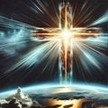 Abstract biblical crucifix floating over the planet earth, emitting rays of light Royalty Free Stock Photo