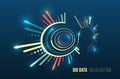 Abstract big data visualization with glowing circular rings, colorful lines and dotted patterns on a dark blue background, Royalty Free Stock Photo
