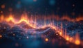 Abstract big data visualization with glowing particles forms digital landscape. Orange graph lines rise from wavy surface. Royalty Free Stock Photo