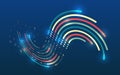Abstract big data wave with colorful curved lines, dots and binary code on a dark blue background, symbolizing data flow, Royalty Free Stock Photo