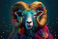 Abstract of Bighorn Ram or sheep portrait, Aries zodiac sign with multi colored colorful on skin body and hairs paint, Vibrant