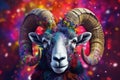 Abstract of Bighorn Ram or sheep portrait, Aries zodiac sign with multi colored colorful on skin body and hairs paint, Vibrant