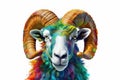 Abstract of Bighorn Ram or sheep portrait isolated on white background, Aries zodiac sign with multi colored colorful on skin body