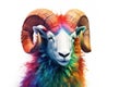 Abstract of Bighorn Ram or sheep portrait isolated on white background, Aries zodiac sign with multi colored colorful on skin body