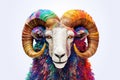 Abstract of Bighorn Ram or sheep portrait isolated on white background, Aries zodiac sign with multi colored colorful on skin body