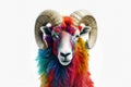 Abstract of Bighorn Ram or sheep portrait isolated on white background, Aries zodiac sign with multi colored colorful on skin body