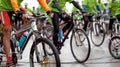 Abstract biking tournament at start line, shot of a group of race cyclists