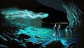 Abstract Bioluminescence. Blue, teal glowing jellyfish and underwater ocean marine life. Light in the dark with glowing girl