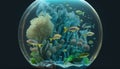 Abstract biosphere in a bubble. Ecosystem in a fish bowl. Environmental background wallpaper with fish and coral.