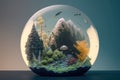 Abstract biosphere in a bubble. Ecosystem in a fish bowl. Environmental background wallpaper with fish and coral.