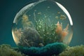 Abstract biosphere in a bubble. Ecosystem in a fish bowl. Environmental background wallpaper with fish and coral.