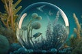 Abstract biosphere in a bubble. Ecosystem in a fish bowl. Environmental background wallpaper with fish and coral.