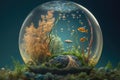 Abstract biosphere in a bubble. Ecosystem in a fish bowl. Environmental background wallpaper with fish and coral.