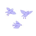 Abstract bird flock flies in air. Spring birdies flying. Cute songbirds flapping wings, soaring in the sky. Funny animal