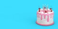 Abstract Birthday Cartoon Dessert Cherry Cake with Candles. 3d Rendering