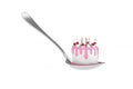 Abstract Birthday Cartoon Dessert Cherry Cake with Candles on a Spoon. 3d Rendering