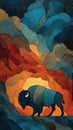 Abstract bison silhouette with textured watercolor clouds and warm dust storm background Royalty Free Stock Photo